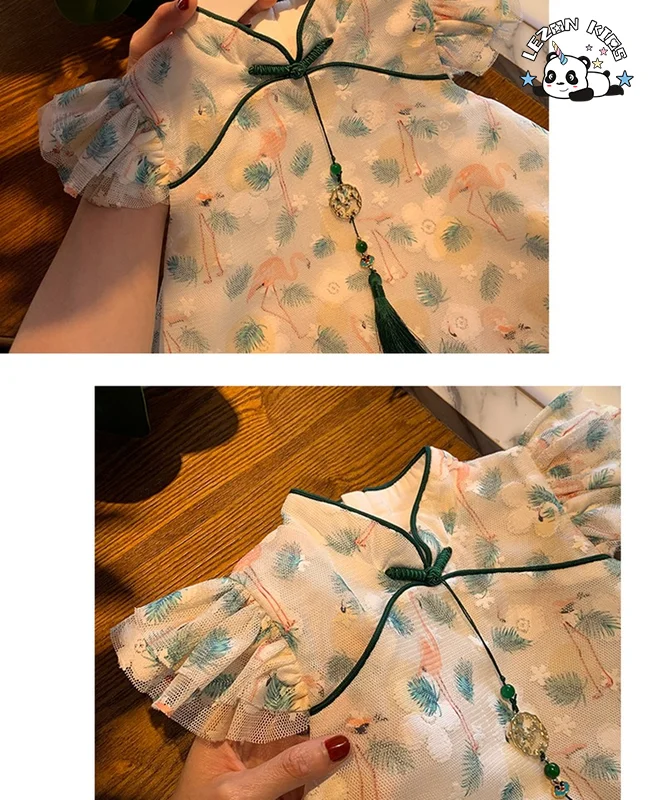 LEZONKIDS - Custom Girls Dress Chinese Style Cheongsam for Kids flamingo Flower Pattern Party Birthday Dress
